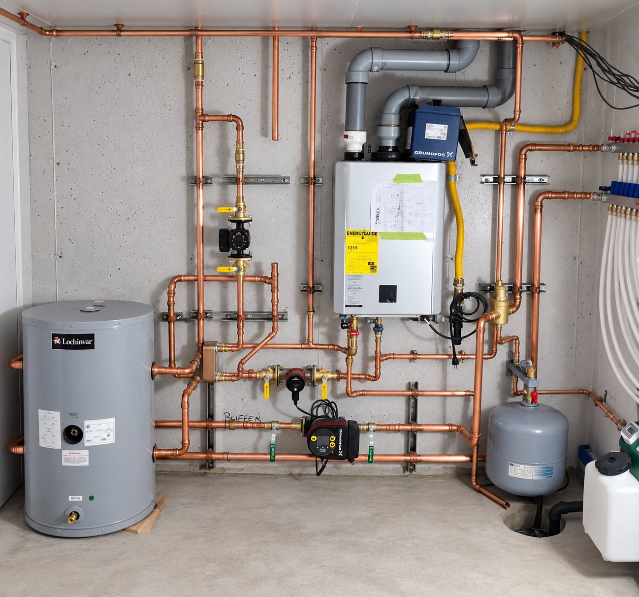 Installation hydronique Option Plomberie : ballon tampon Lochinvar, cuivre et manifold PEX
